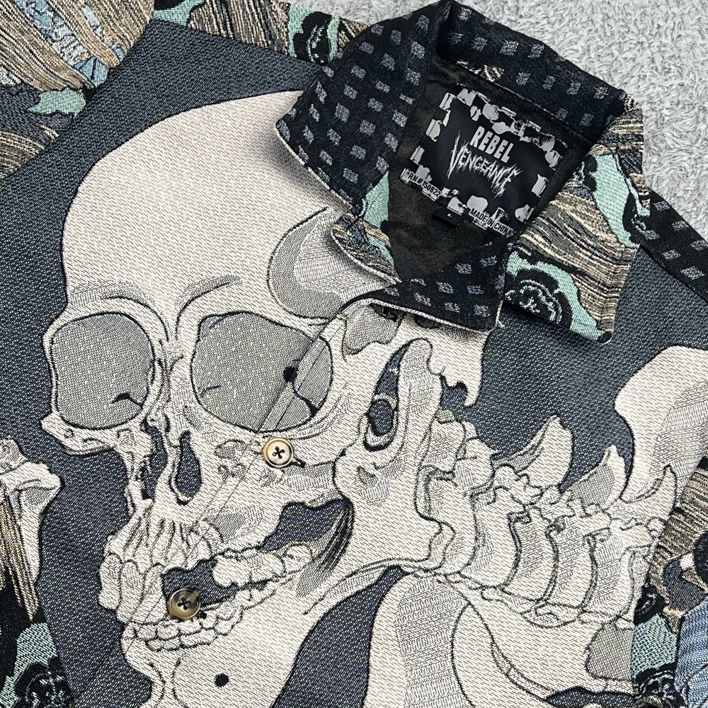 Rebel Vengeance Shirt Men L Skeleton Samurai AOP Graphic Tapestry Streetwear NWT